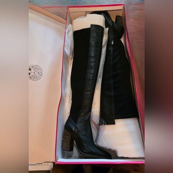 Vince Camuto VC-Cottara OTK Black Boots 7M Neoprene Leather Block Heel - Picture 5 of 12